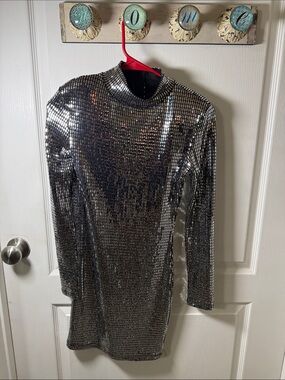 Silver Sequin Long Sleeve Mini Dress